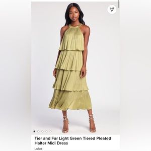 Lulu’s Tier and Far Light Green Tiered Pleated Halter Midi Dress NWT